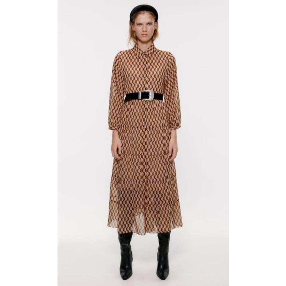 Zara Geometric Print Maxi Dress Sheer Long Sleeve Size Medium Indie Boho Twee - Picture 9 of 9